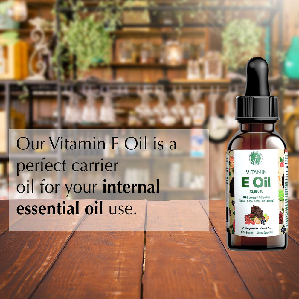 Sunflower oil blend visible in Mother Nature's Essentials Vitamin E Oil bottle.