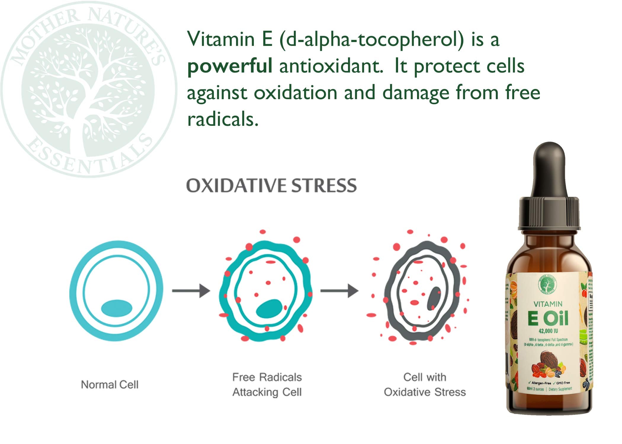 Label close-up on Mother Nature's Essentials Vitamin E Oil showing pure ingredients.