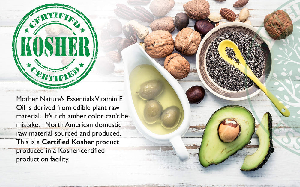 Product packaging box of Mother Nature's Essentials Vitamin E Oil.