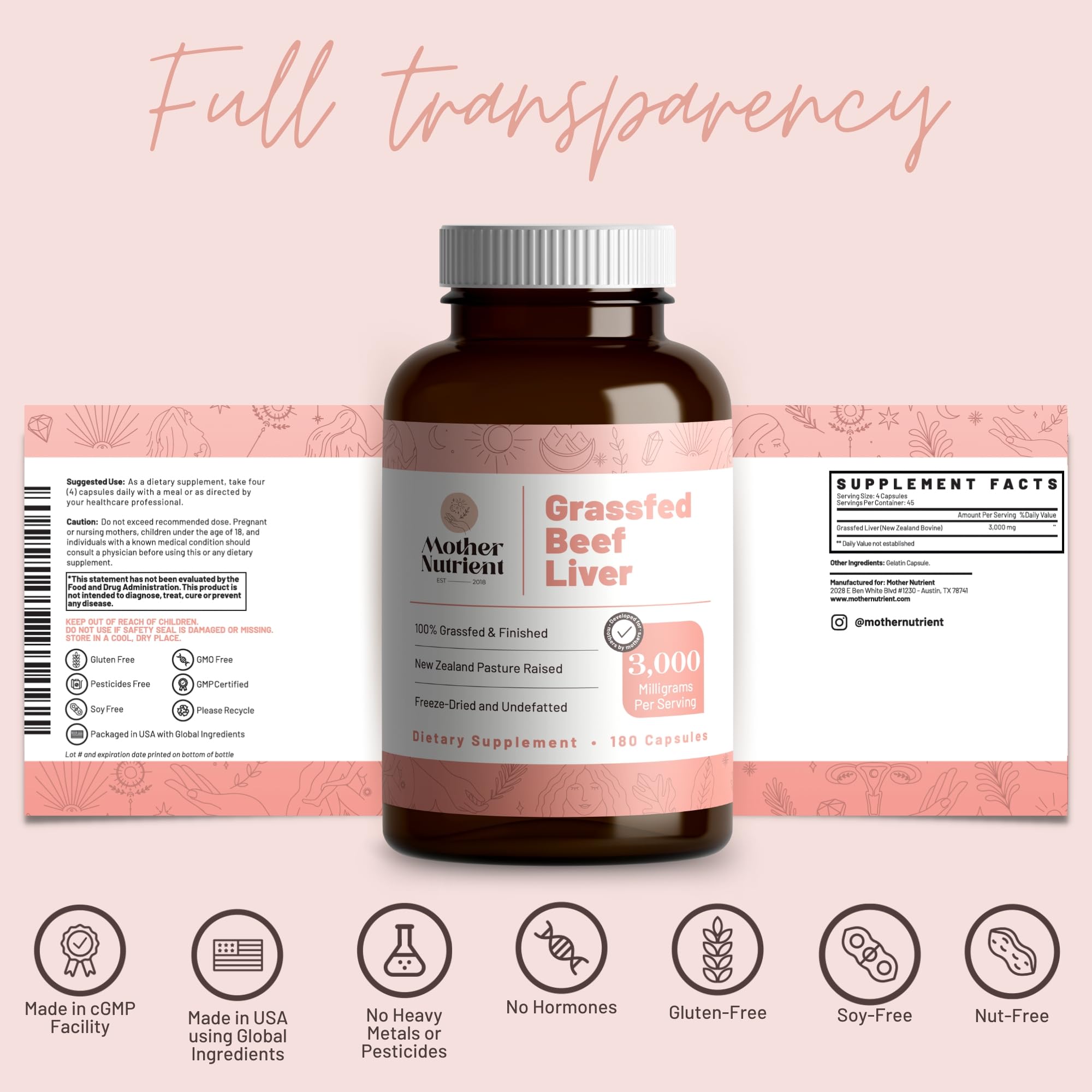 Mother Nutrient packaging and label detail communicates quality and transparency.