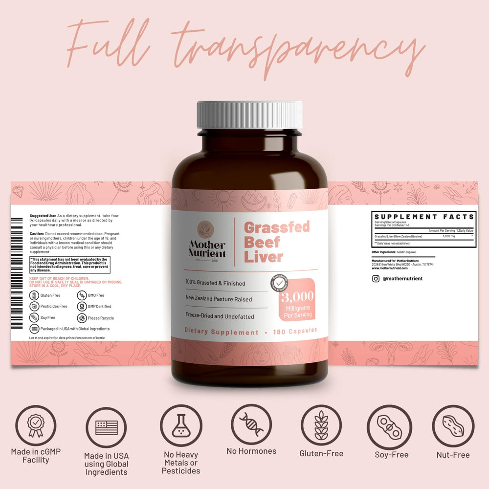 Mother Nutrient packaging and label detail communicates quality and transparency.