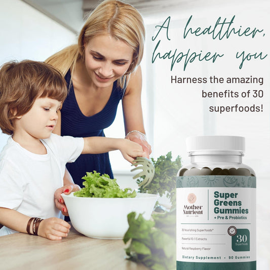 Mother Nutrient Super Greens Gummies close-up shows chewy texture and raspberry flavor.