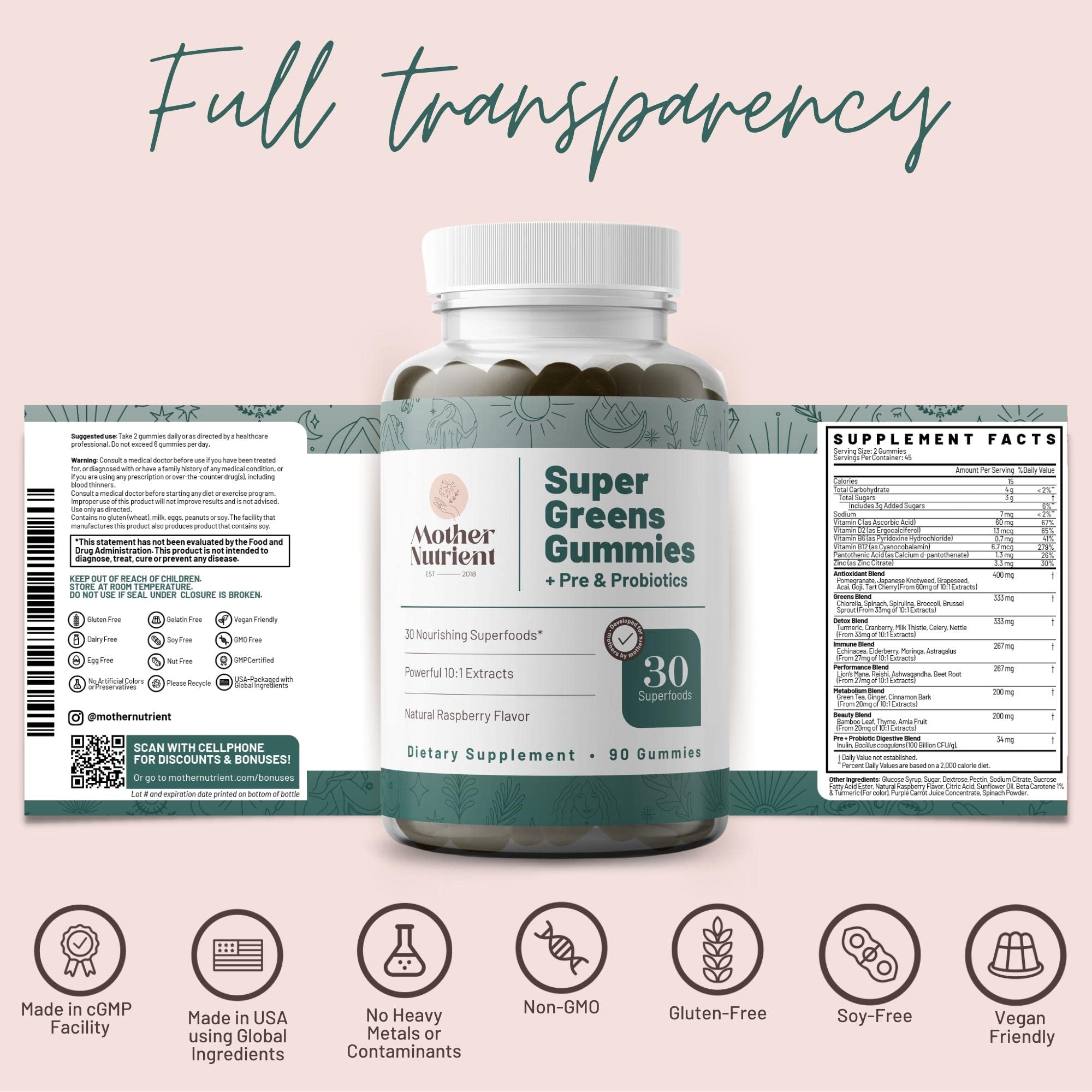Mother Nutrient Super Greens Gummies serving idea emphasizes daily chew with raspberry flavor.
