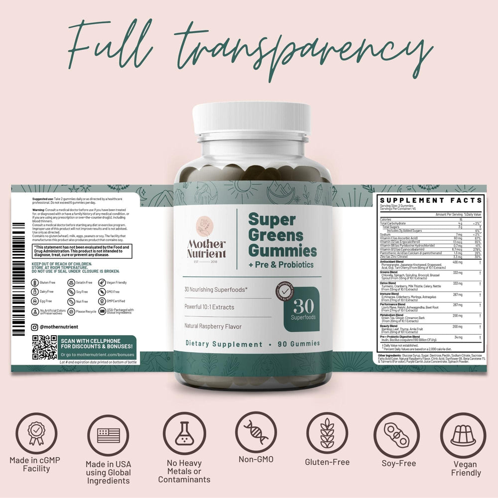 Mother Nutrient Super Greens Gummies serving idea emphasizes daily chew with raspberry flavor.