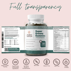 Mother Nutrient Super Greens Gummies serving idea emphasizes daily chew with raspberry flavor.