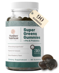 Mother Nutrient Super Greens Gummies bottle with raspberry flavor for daily wellness.