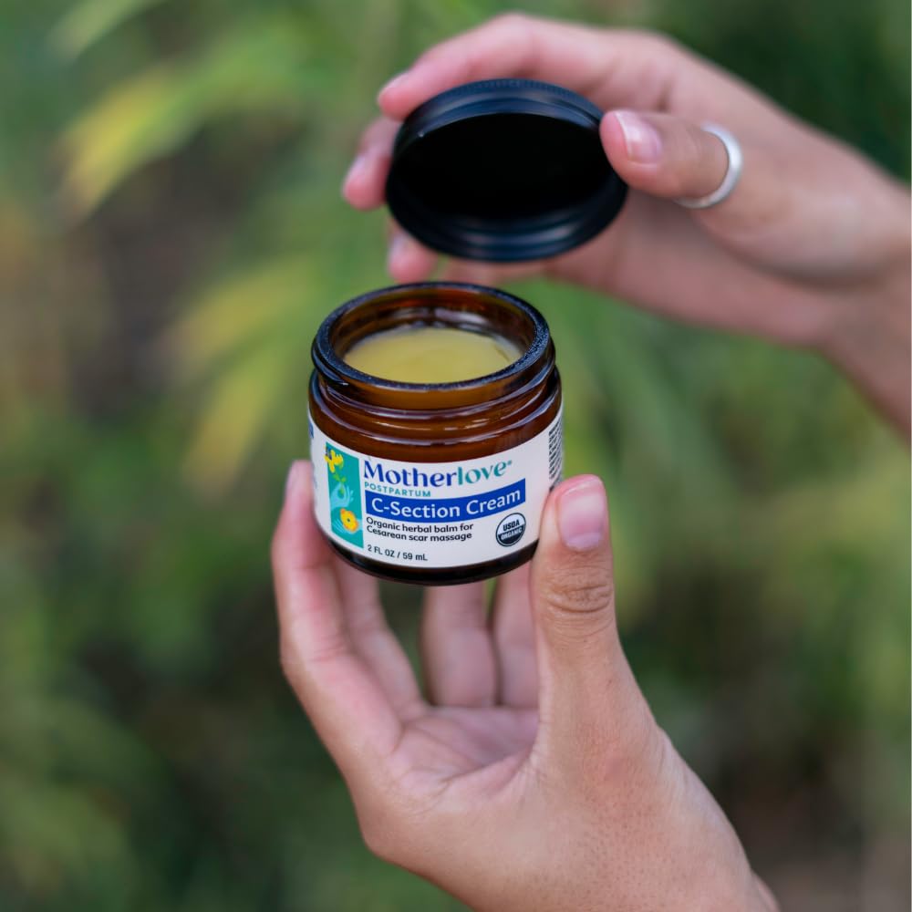 Motherlove C-Section Cream label shows cruelty-free certification and clean ingredients.