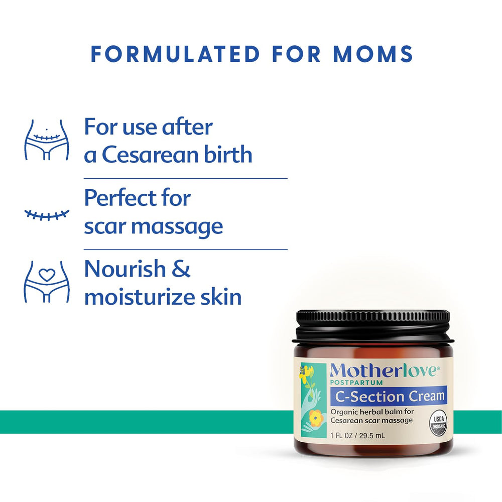 Motherlove C-Section Cream being massaged onto scar for gentle care.