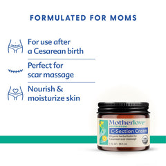 Motherlove C-Section Cream being massaged onto scar for gentle care.