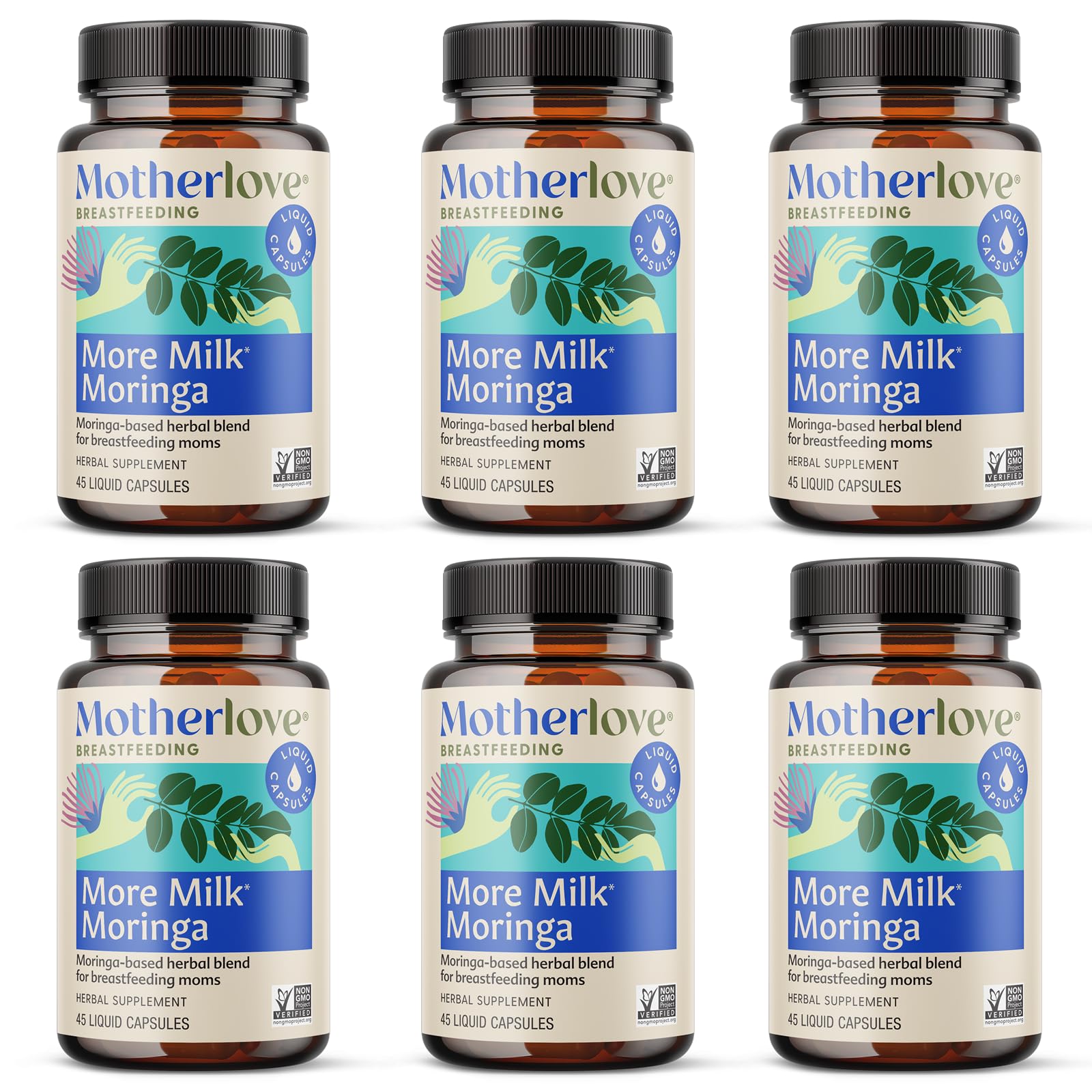 Motherlove More Milk Moringa bottle pour supports easy daily dosing.