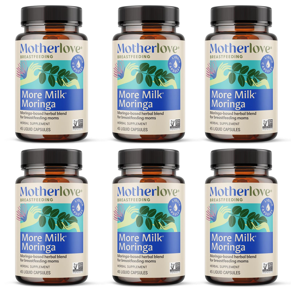 Motherlove More Milk Moringa bottle pour supports easy daily dosing.