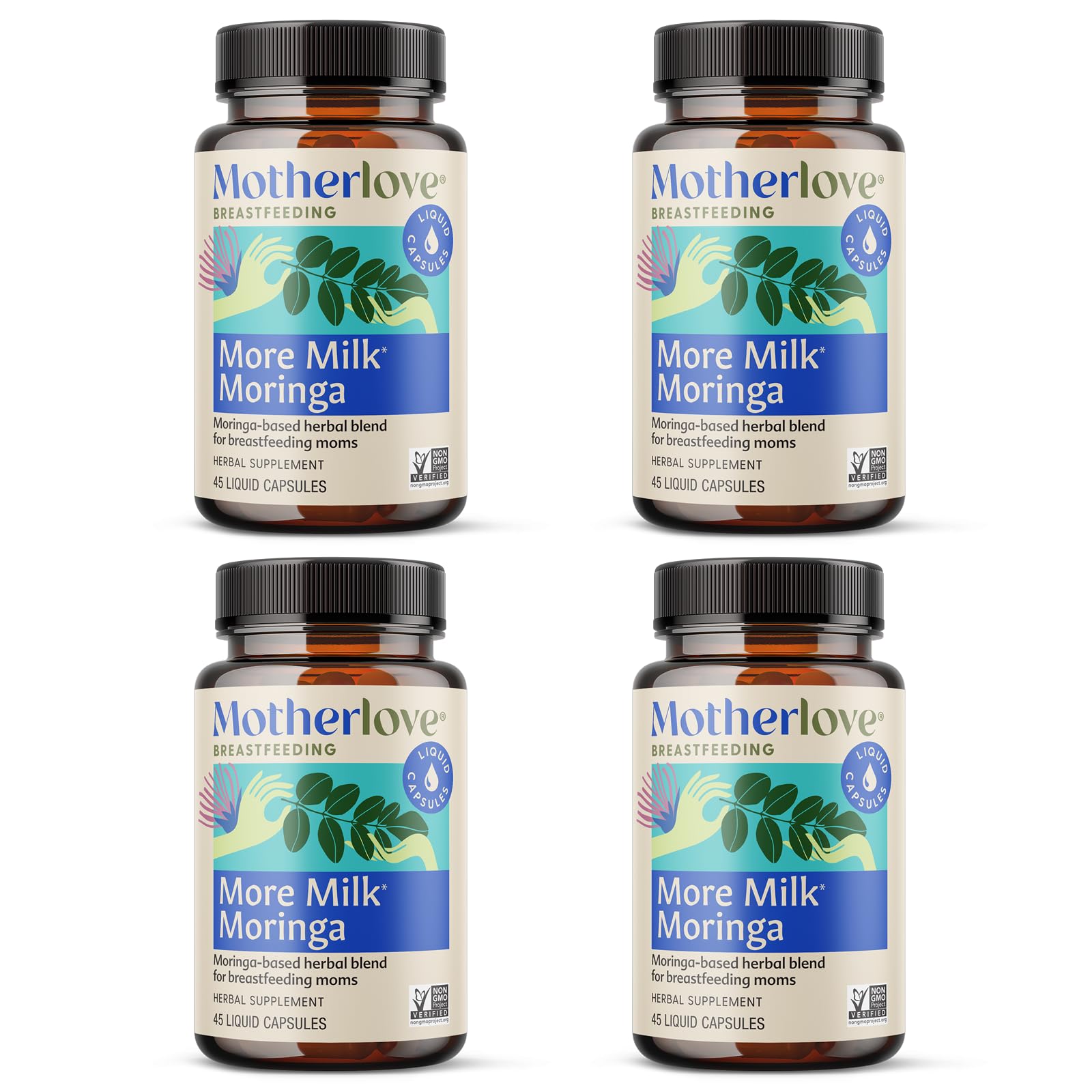 Motherlove More Milk Moringa bottle and capsules on a kitchen counter, highlighting daily lactation support.