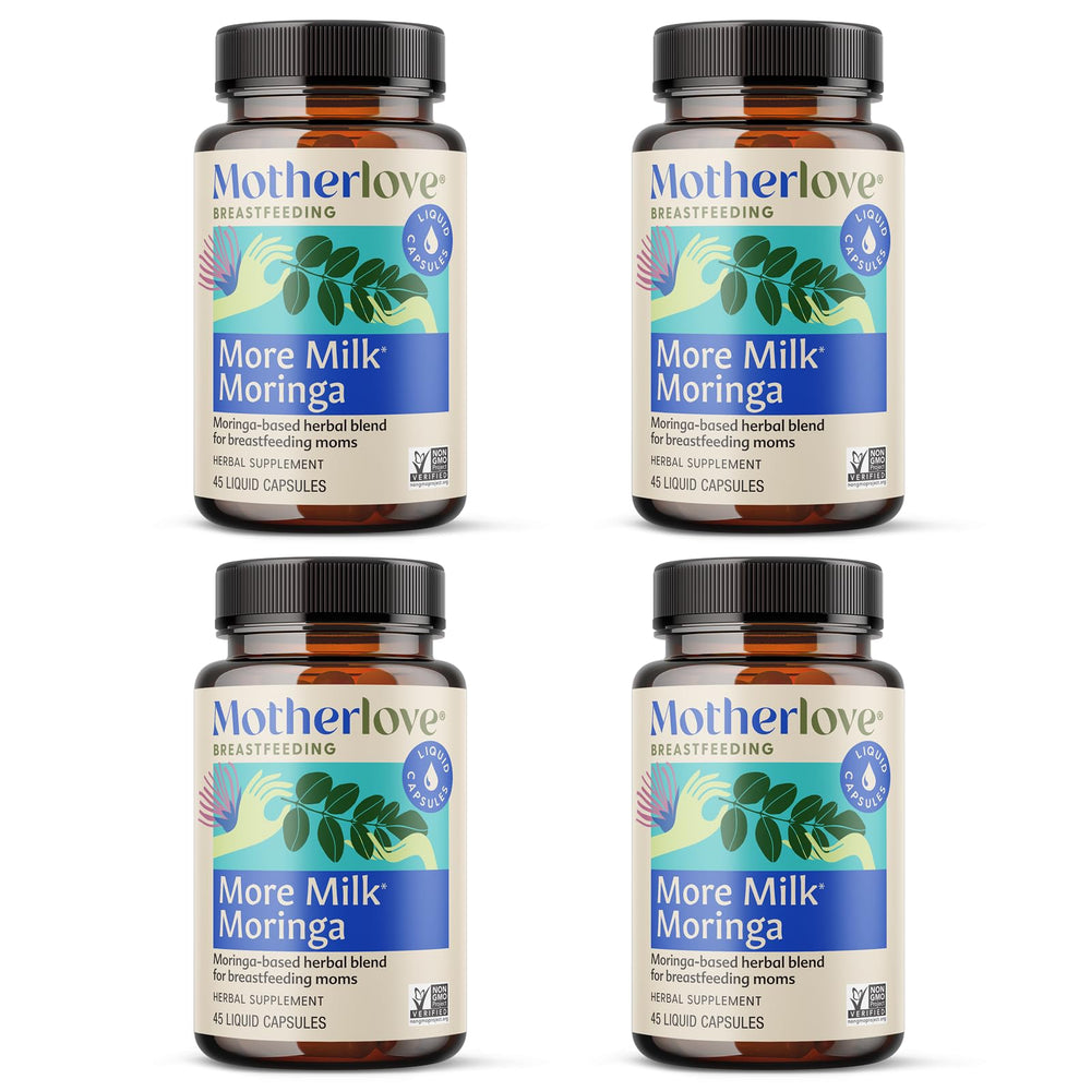 Motherlove More Milk Moringa bottle and capsules on a kitchen counter, highlighting daily lactation support.