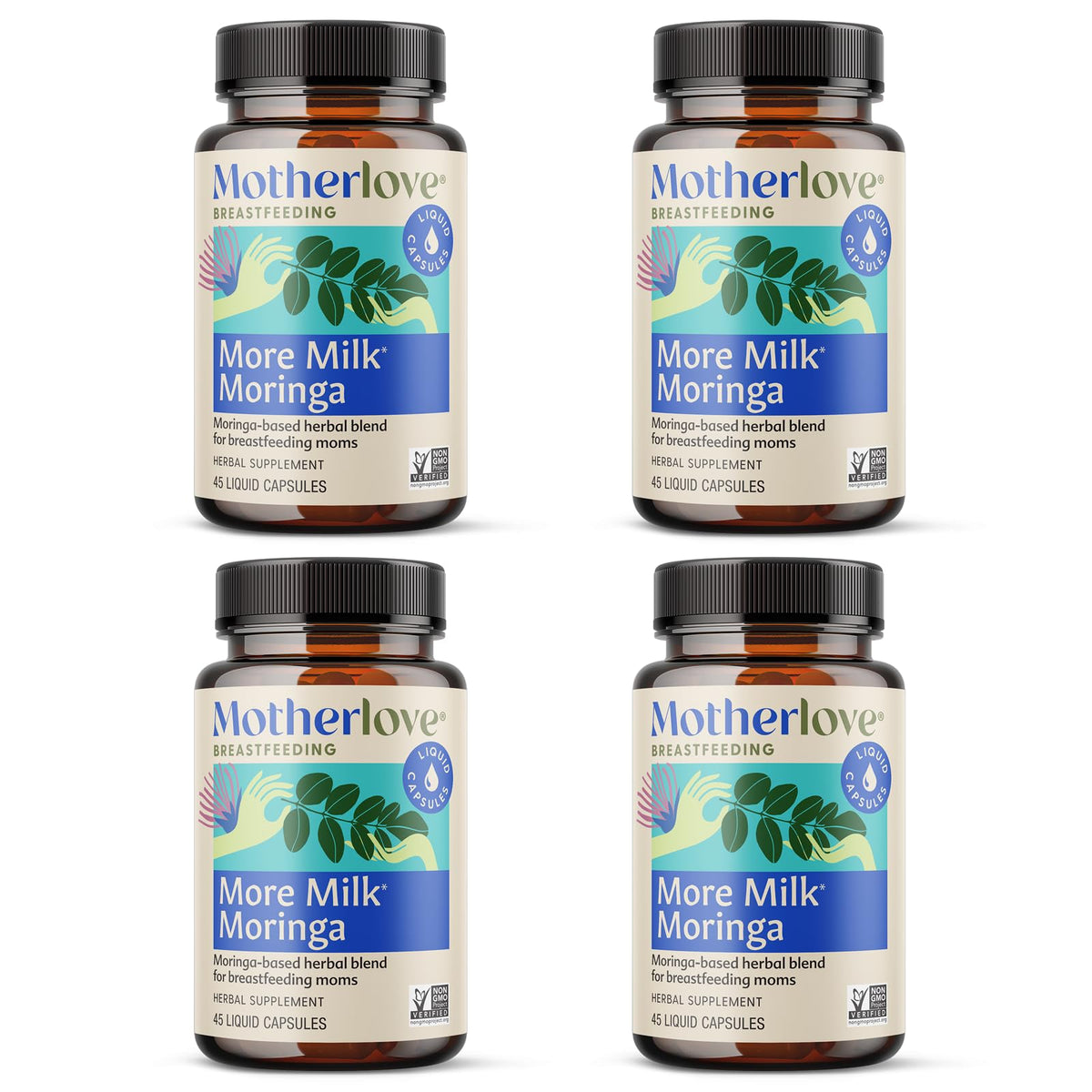 Motherlove More Milk Moringa bottle and capsules on a kitchen counter, highlighting daily lactation support.