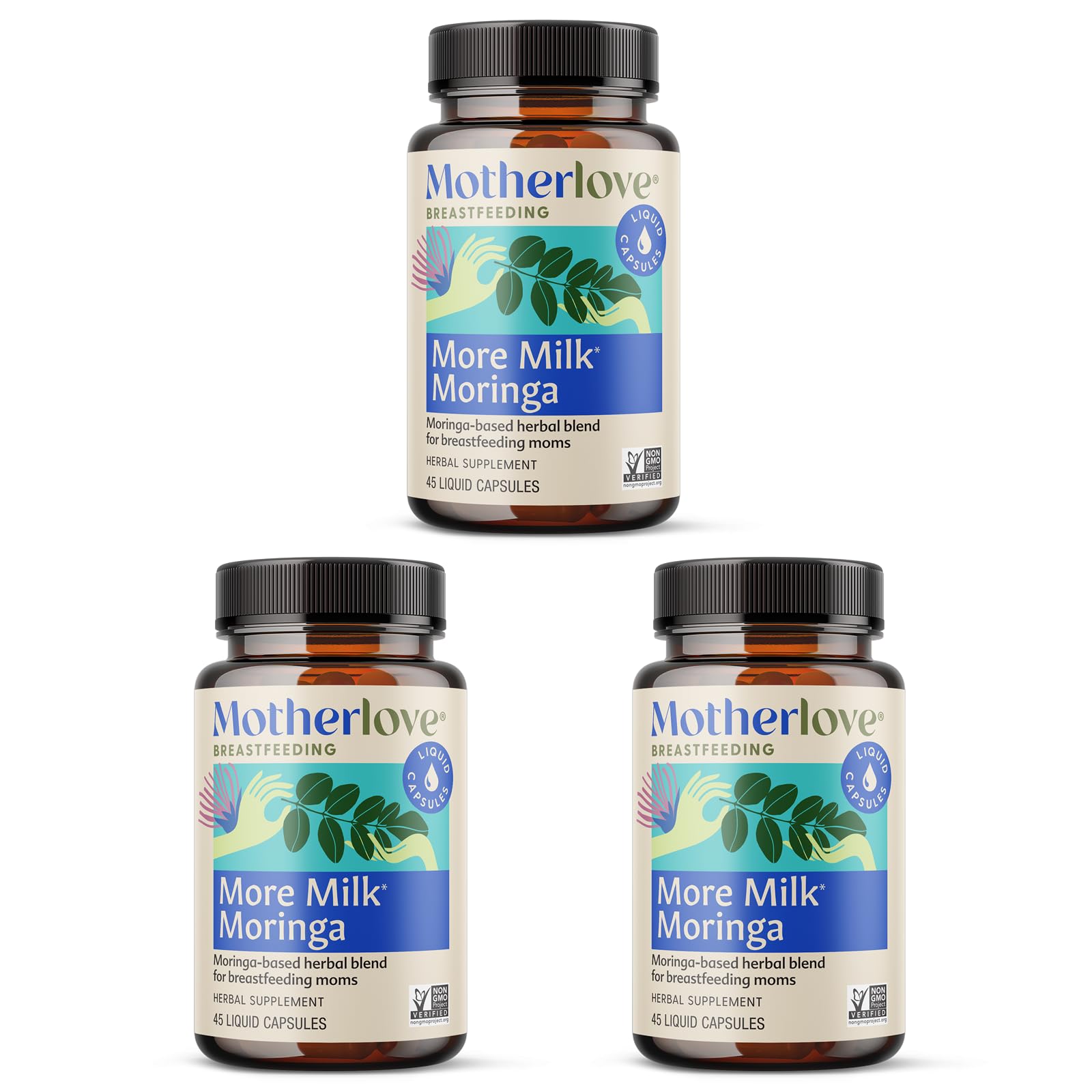 Motherlove More Milk Moringa bottle with capsules for nursing moms.