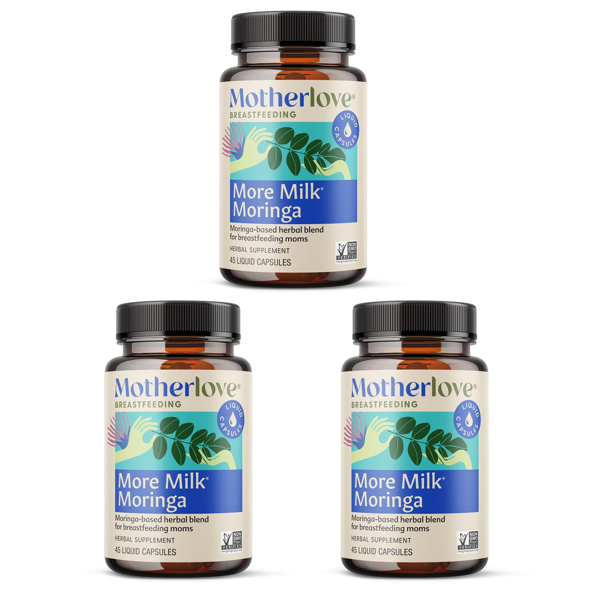 Motherlove More Milk Moringa bottle with capsules for nursing moms.