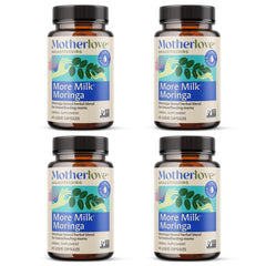 Motherlove More Milk Moringa bottle and capsules on a kitchen counter, highlighting daily lactation support.