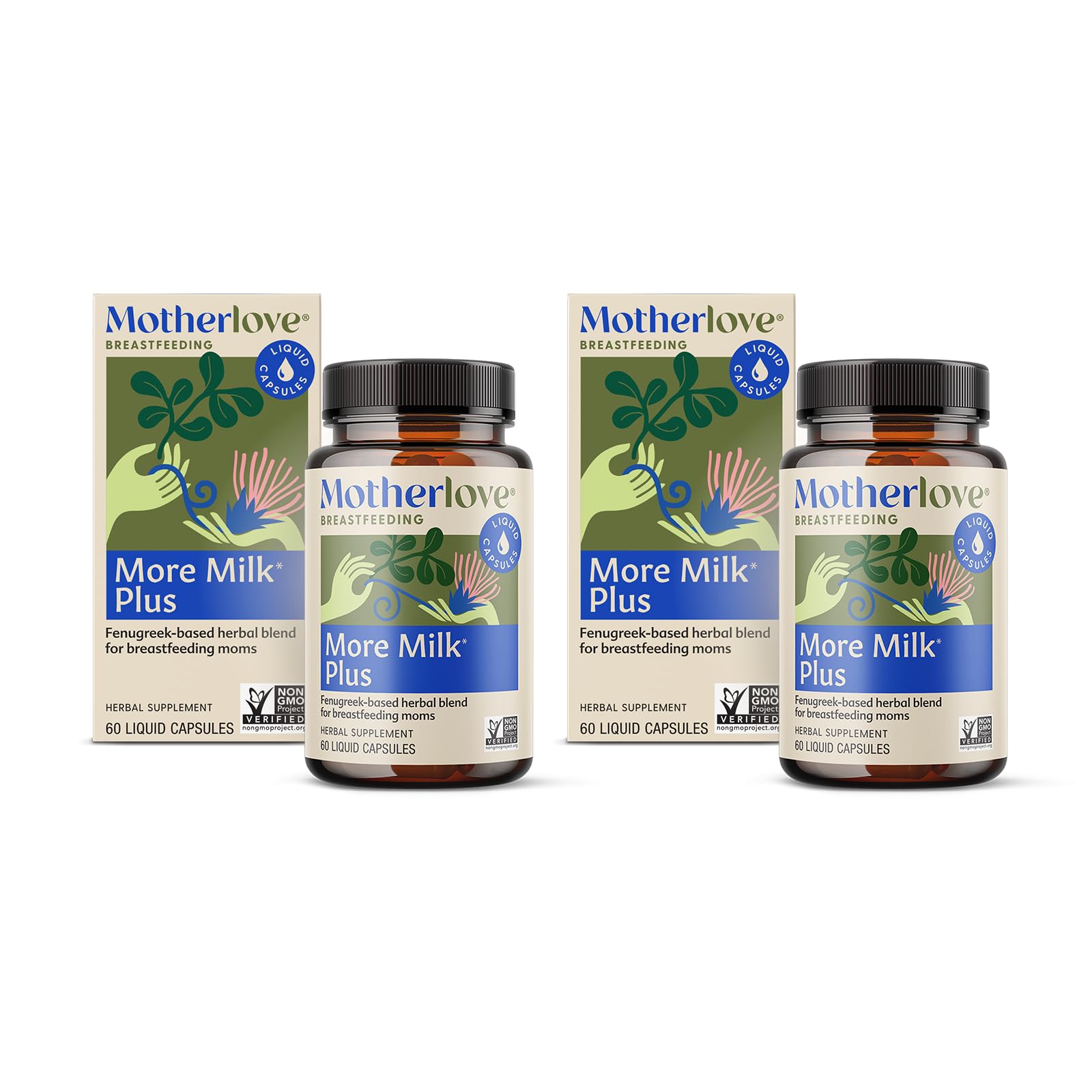 Motherlove More Milk Plus bottle front shows a convenient lactation supplement for busy moms, supporting milk supply.