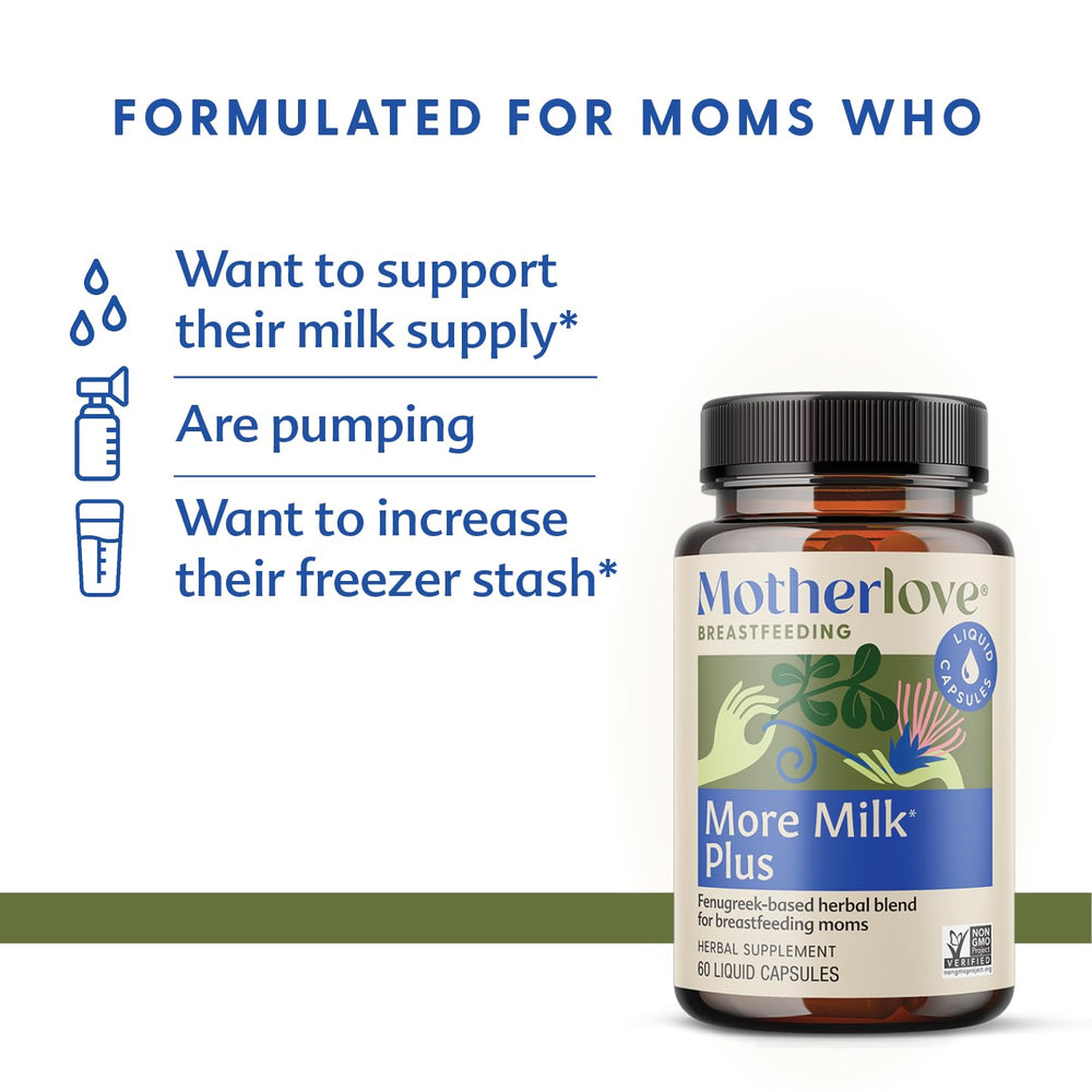 Motherlove More Milk Plus capsules inside bottle for easy daily lactation support.