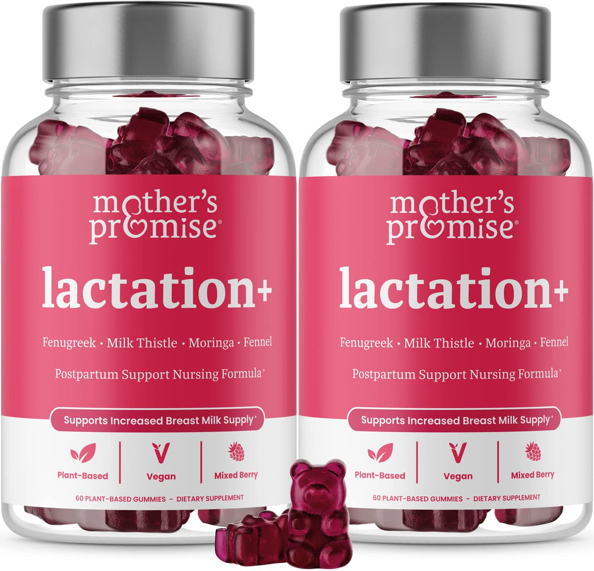 Mother's Promise Lactation Gummies bottle on counter supports natural milk supply