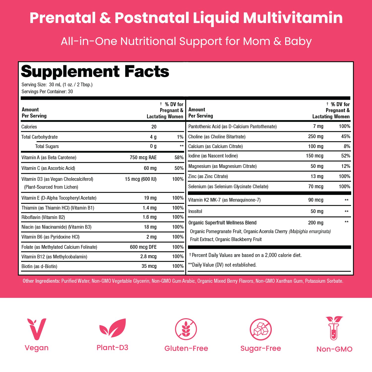 Mother's Promise natural berry flavor enhances taste during daily vitamins.
