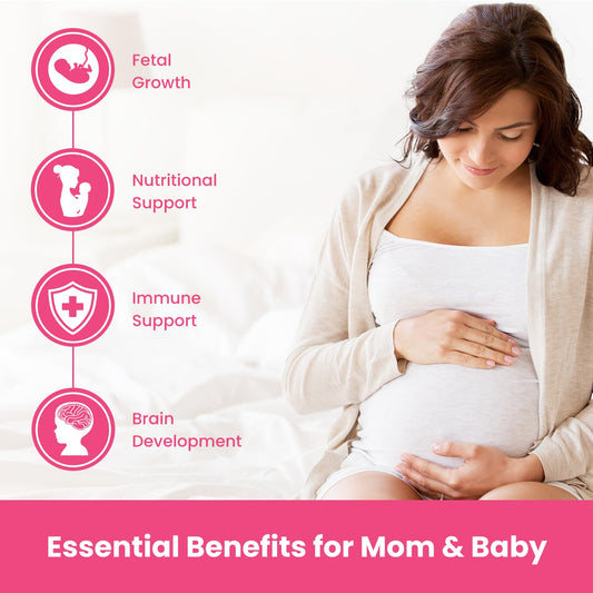 Mother's Promise prenatal gummies closeup showing vegan DHA and gentle citrus flavor.