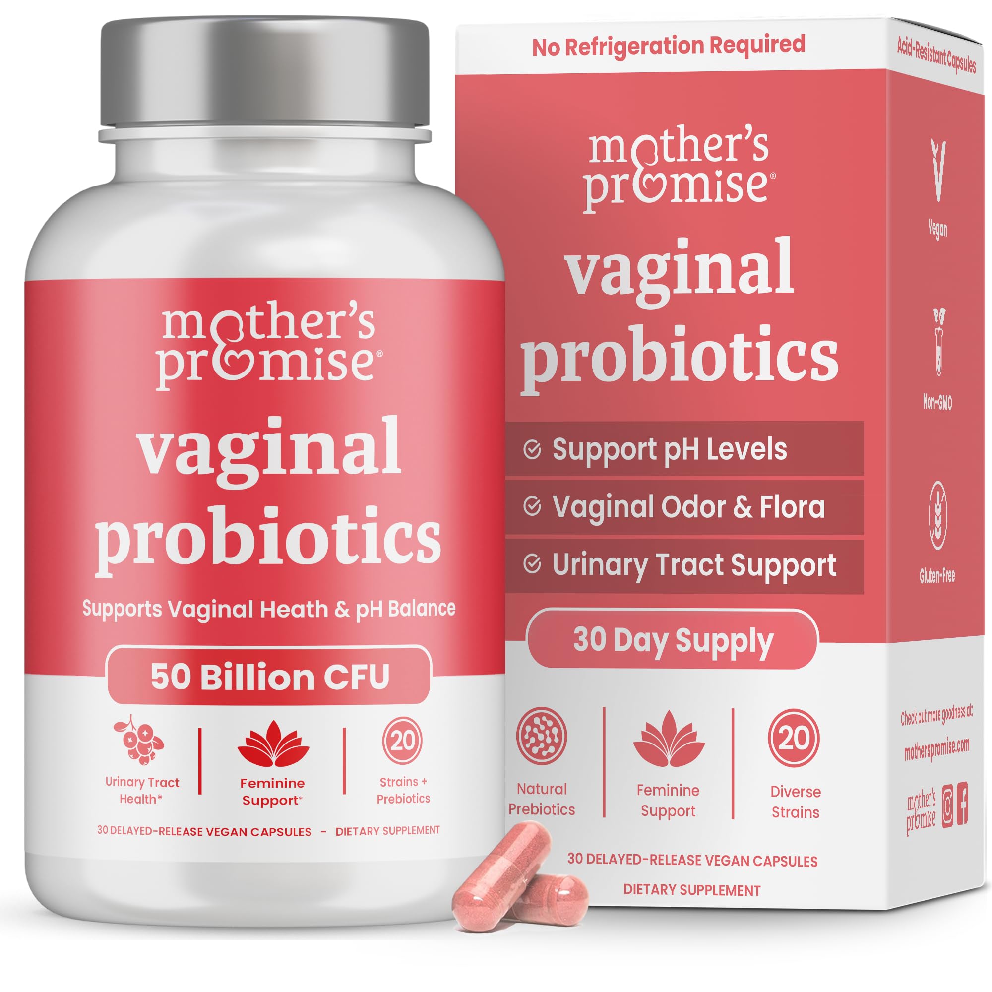 Mother's Promise vaginal probiotics bottle with 50B CFU promotes balanced vaginal flora.