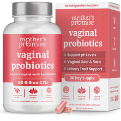 Mother's Promise vaginal probiotics bottle with 50B CFU promotes balanced vaginal flora.
