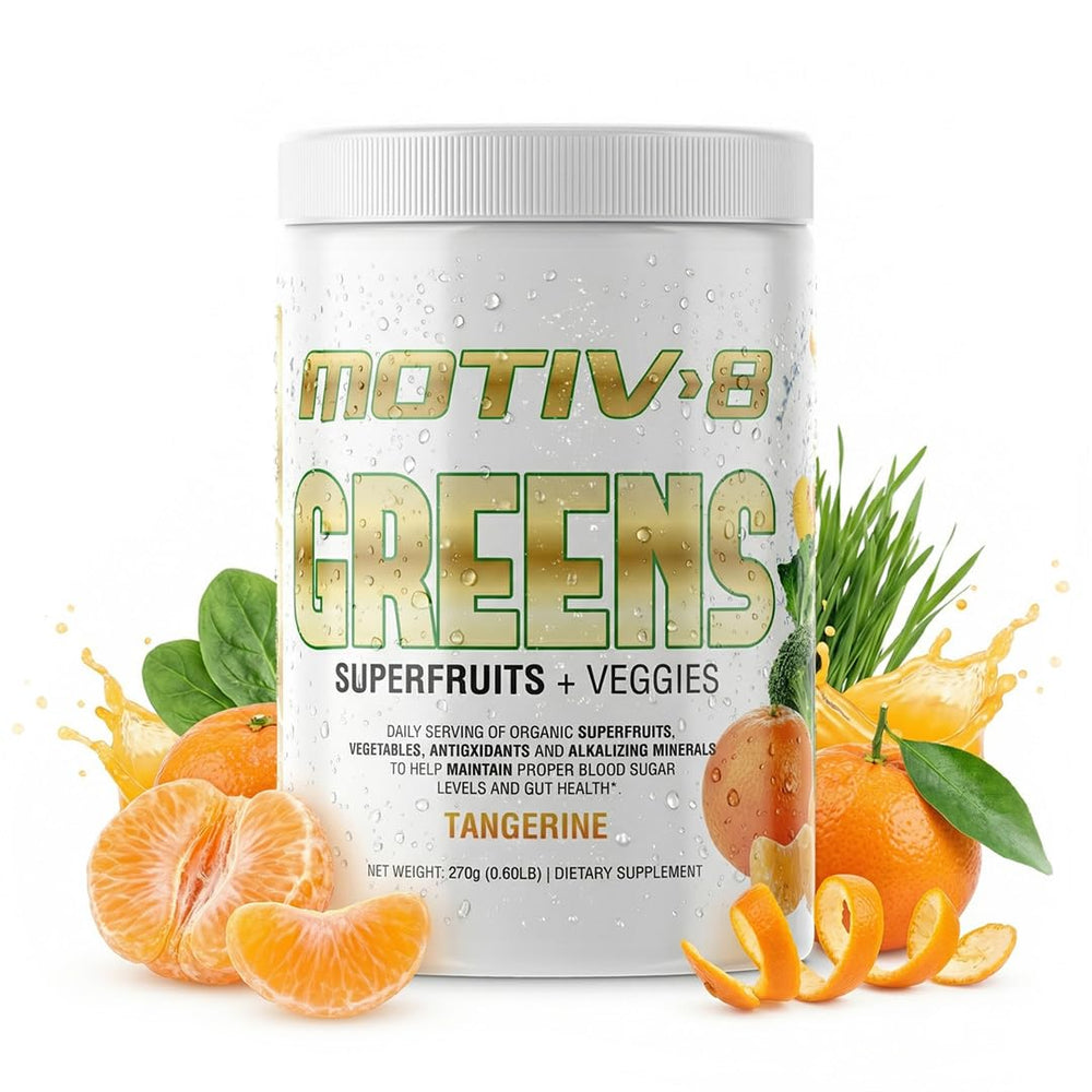 Motiv-8 Greens Superfruits bottle focuses on sugar-free, plant-based daily antioxidant support