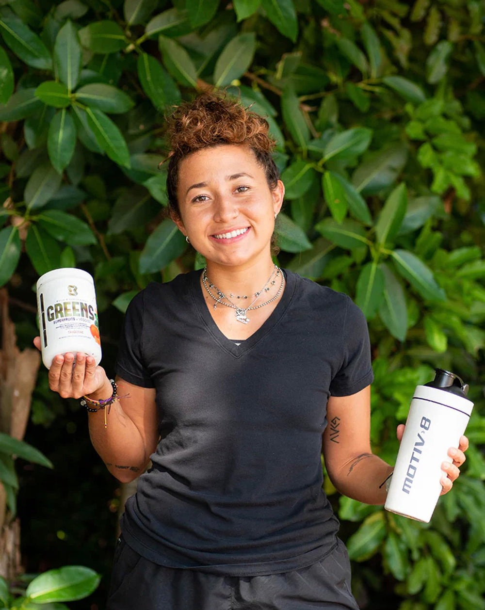Motiv-8 Greens Superfruits label close-up underscores organic greens and antioxidants
