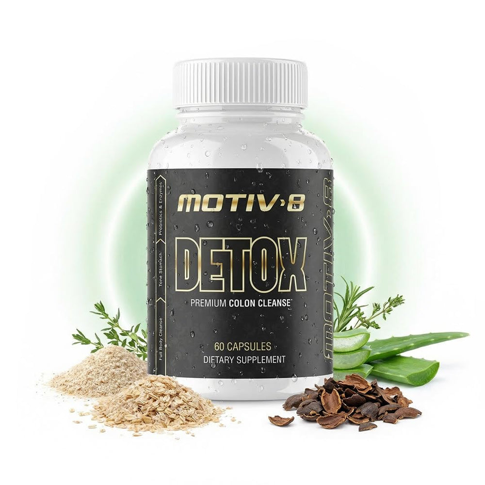 Motiv-8 Performance Detox bottle with clear label supports daily energy