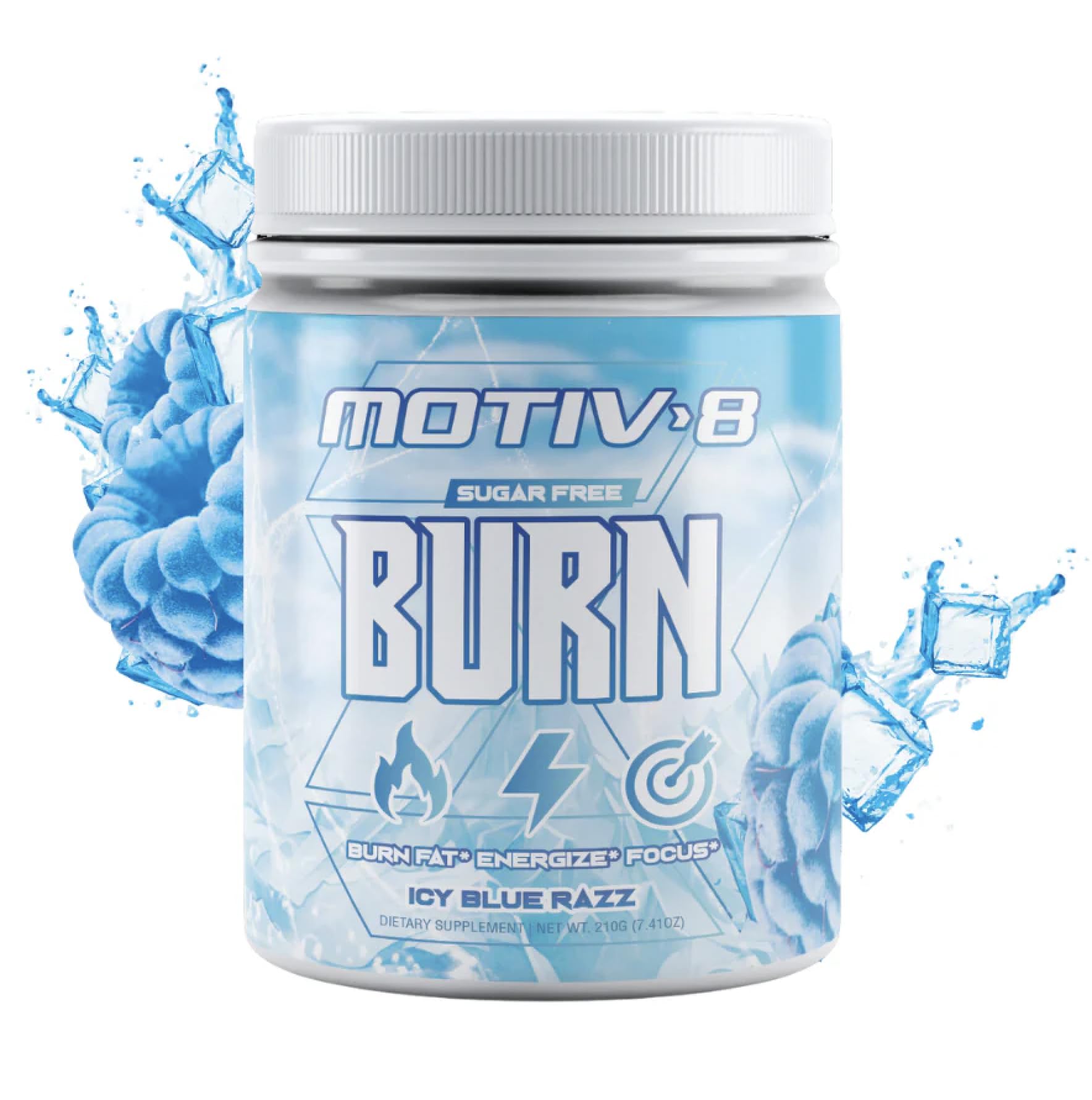 Motiv-8 pre-workout icy blue razz tub front boosts clean energy.