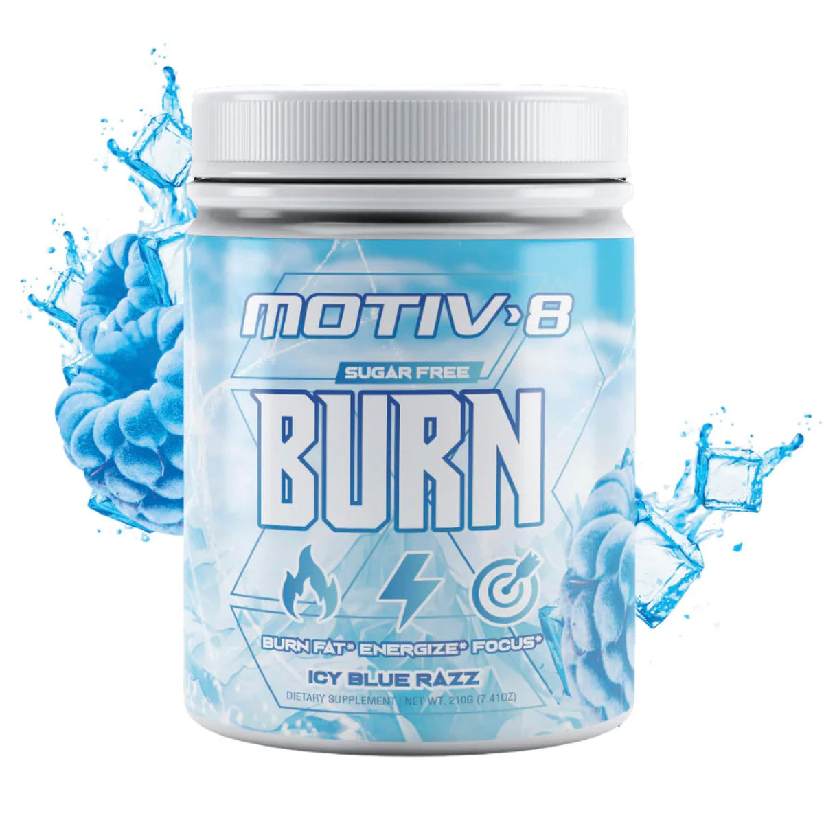 Motiv-8 pre-workout icy blue razz tub front boosts clean energy.