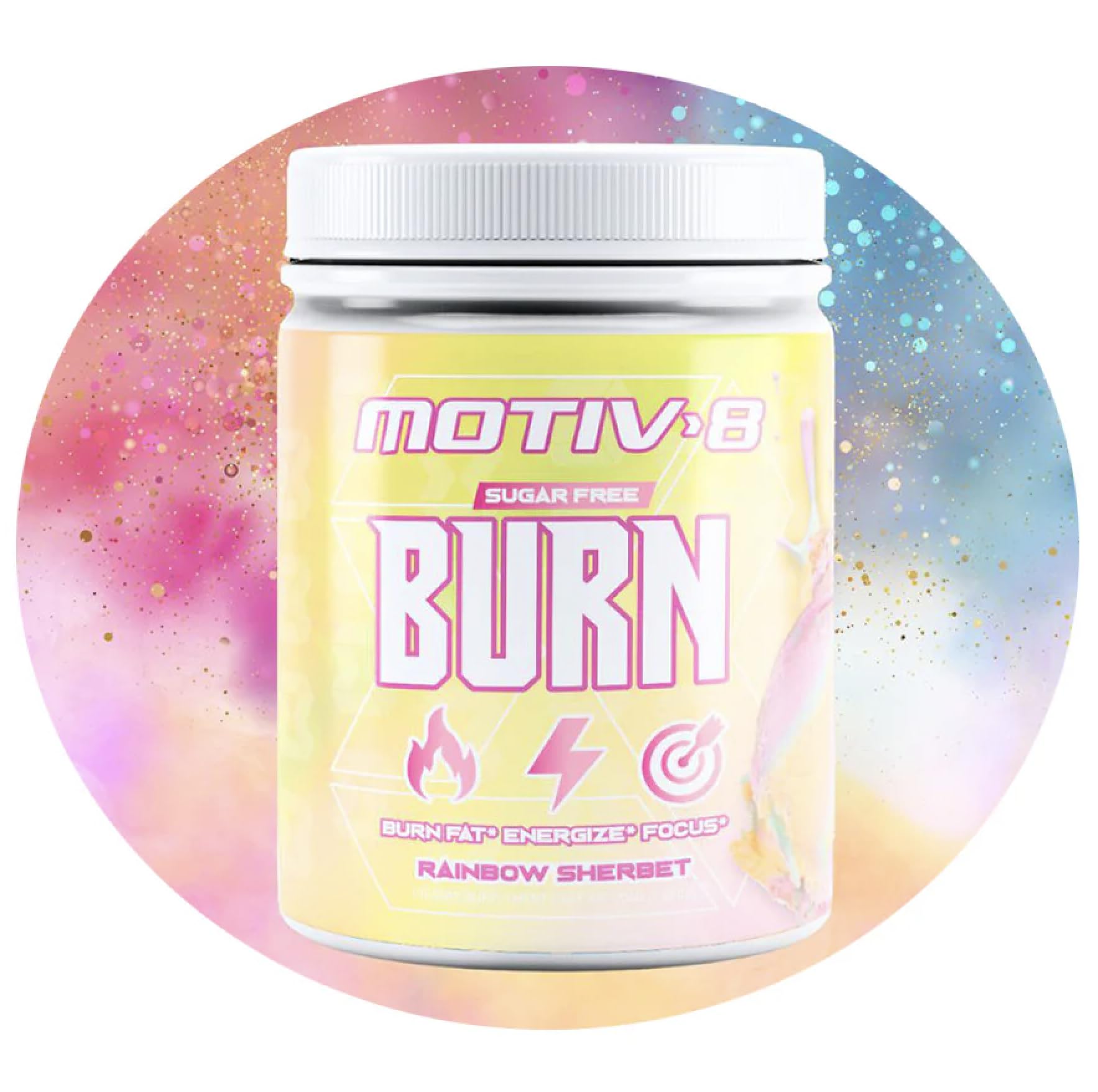 Motiv-8 Pre-Workout Rainbow Sherbet can with a sugar-free energy boost for workouts.