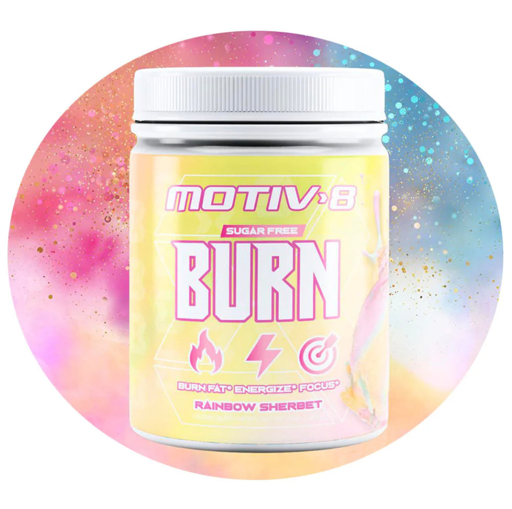 Motiv-8 Pre-Workout Rainbow Sherbet can with a sugar-free energy boost for workouts.