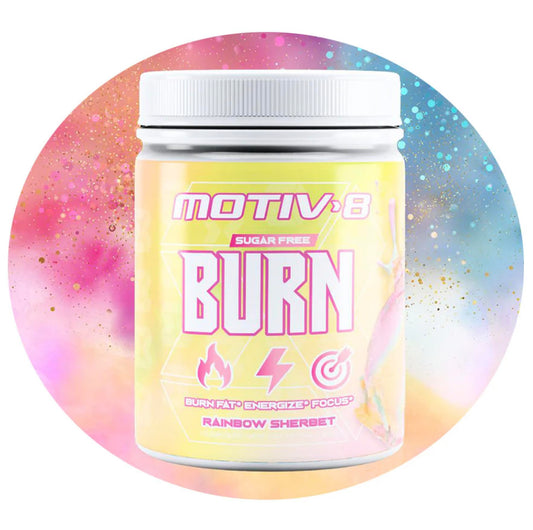 Motiv-8 Pre-Workout Rainbow Sherbet can with a sugar-free energy boost for workouts.