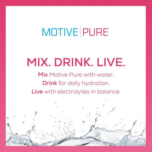 Close-up of MOTIVE PURE electrolyte hydration berry concentrate ready to mix