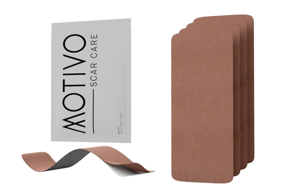 Motivo Scar Tape packaging in a portable dispenser for on-the-go scar care.