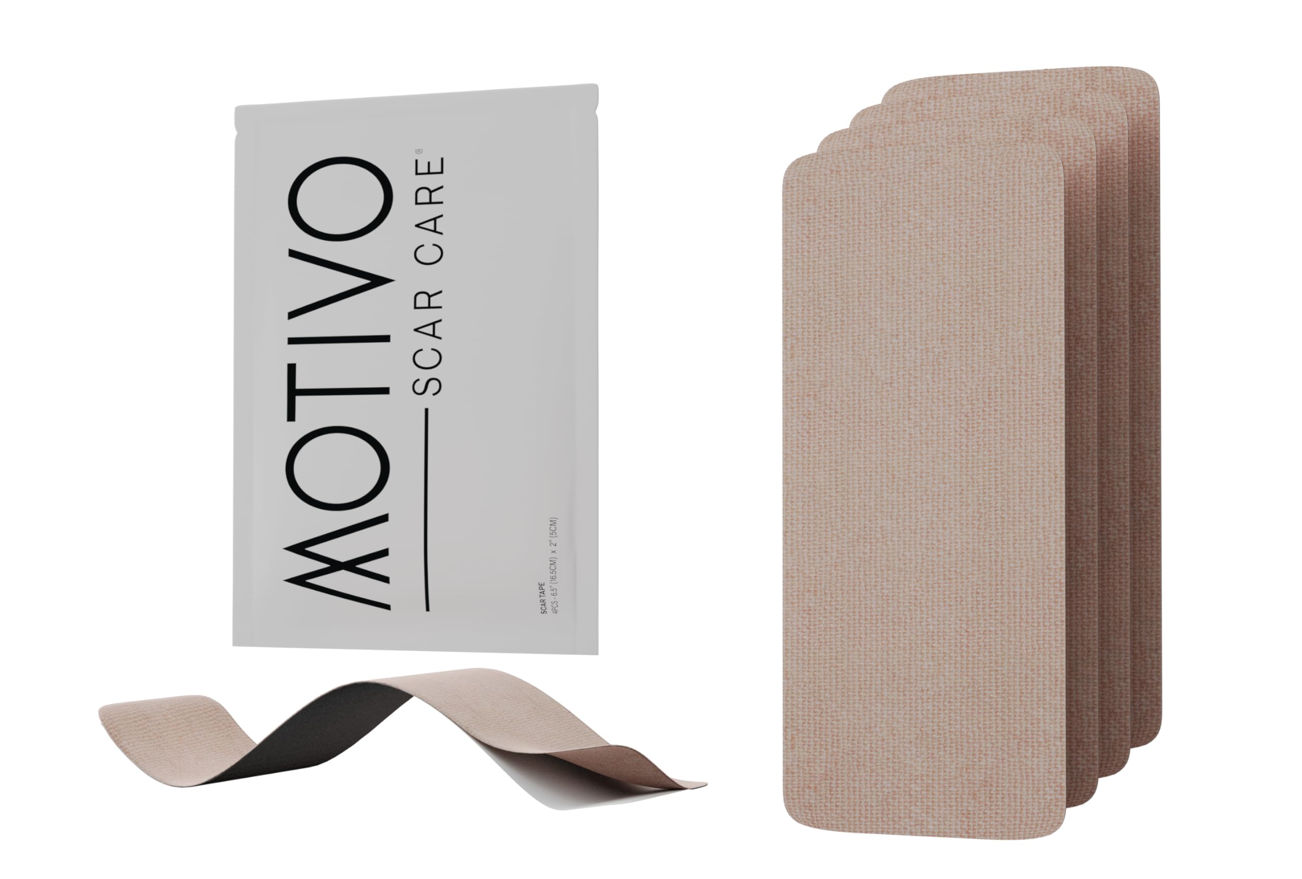 Motivo Scar Tape packaging and dispenser shown for on-the-go scar care.