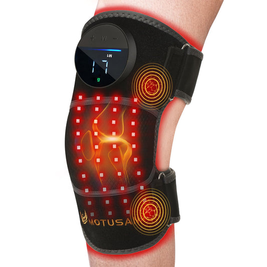 MOTUSANA knee brace front view with red light therapy for targeted joint comfort.