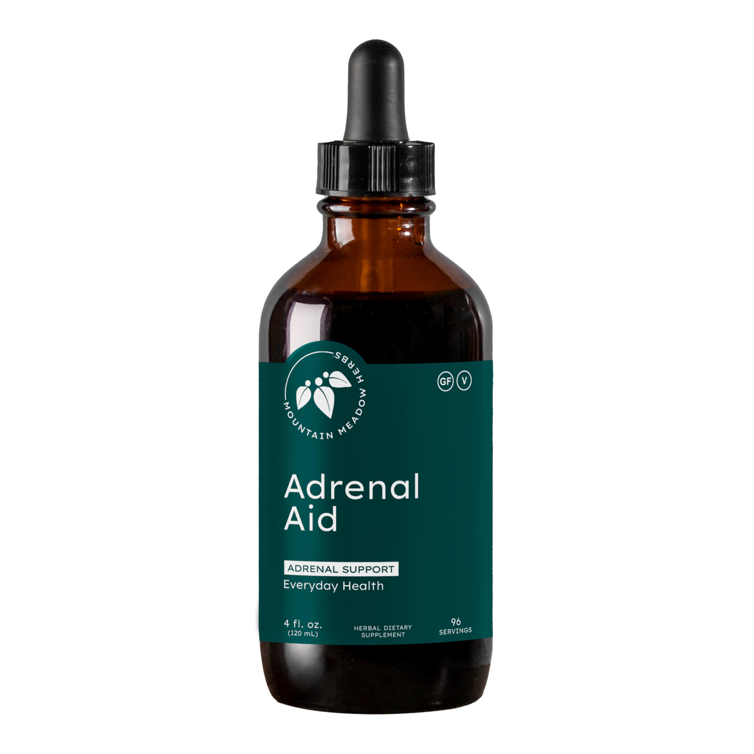 Mountain Meadow Adrenal Aid bottle on a clean surface, suggesting daily support and calm.
