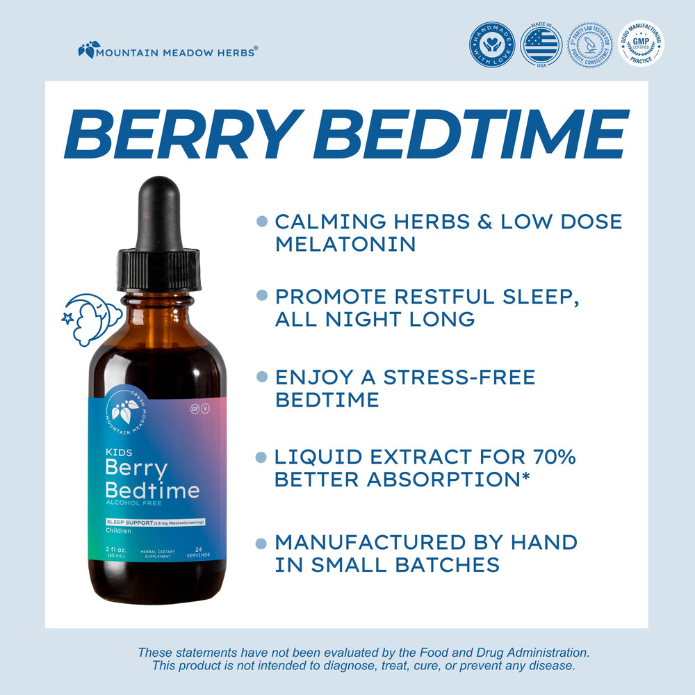 Mountain Meadow Herbs Berry Bedtime dropper displayed for easy dosing in children