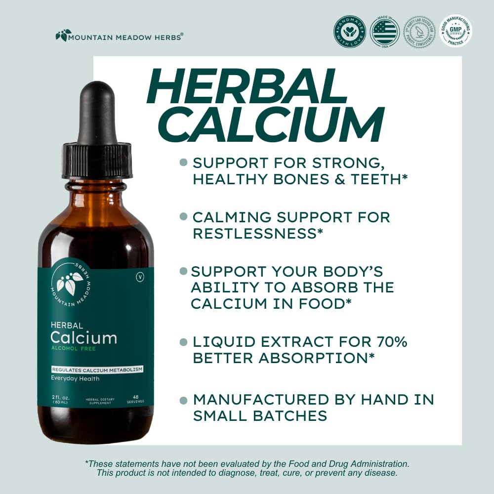 Mountain Meadow Herbs Herbal Calcium bottle label close-up shows plant-based minerals for bone health.