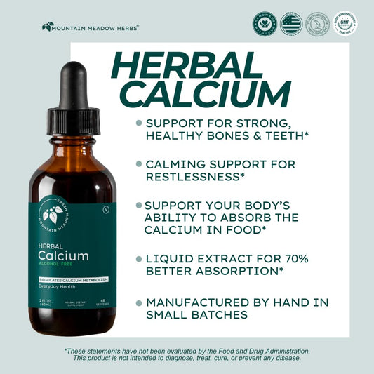 Mountain Meadow Herbs Herbal Calcium bottle label close-up shows plant-based minerals for bone health.