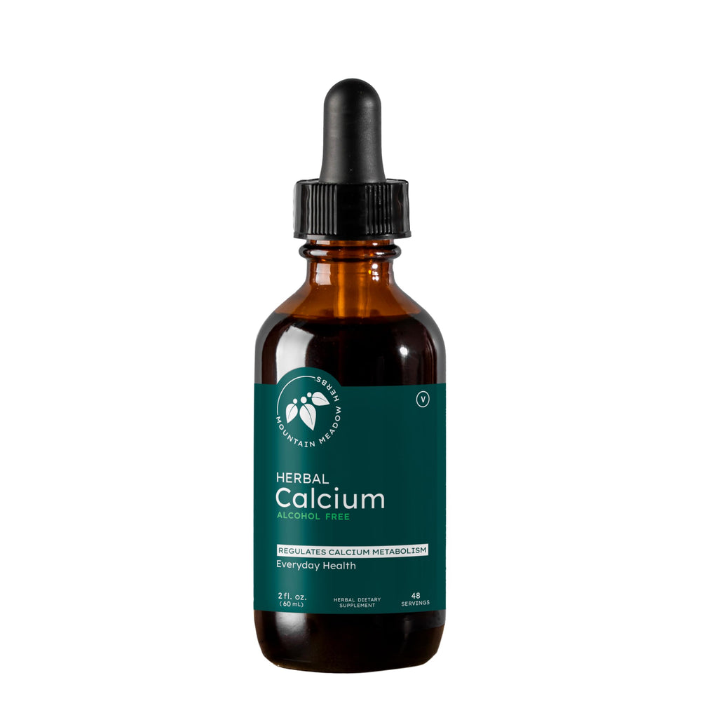 Mountain Meadow Herbs Herbal Calcium bottle and pour demonstrates convenient liquid calcium for daily bone support.