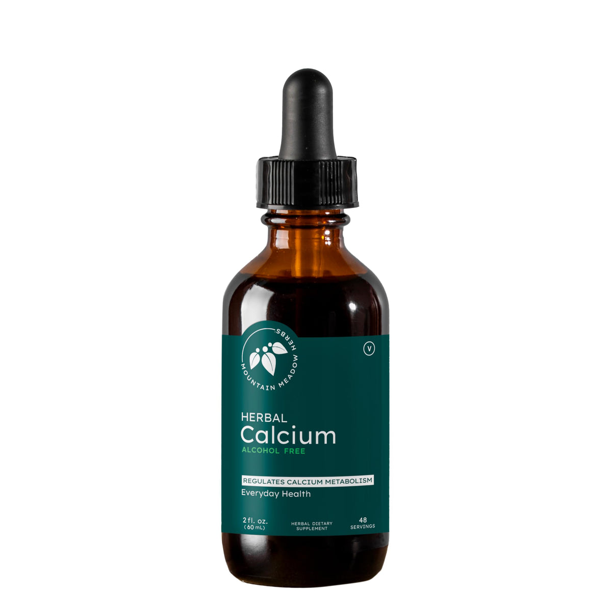 Mountain Meadow Herbs Herbal Calcium bottle and pour demonstrates convenient liquid calcium for daily bone support.
