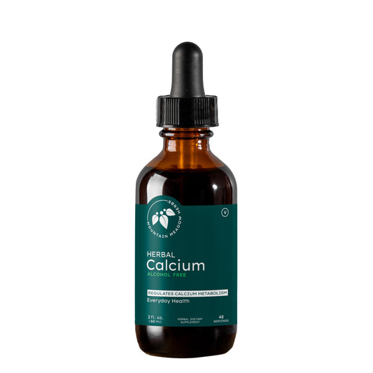 Mountain Meadow Herbs Herbal Calcium bottle and pour demonstrates convenient liquid calcium for daily bone support.