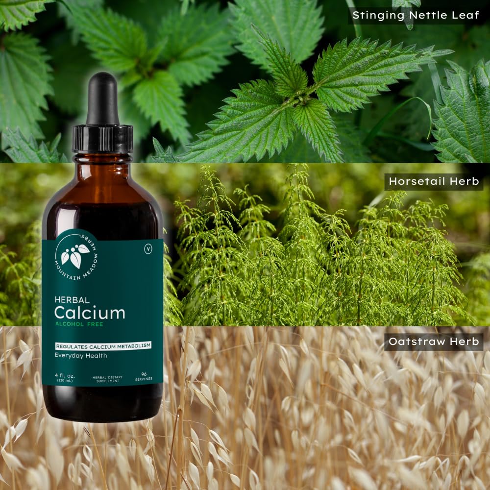 Mountain Meadow Herbs Herbal Calcium family dosing demonstrates adult and kid use.