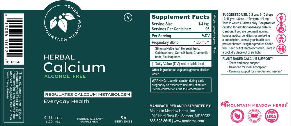 Mountain Meadow Herbs Herbal Calcium liquid in glass bottle demonstrates everyday bone support.