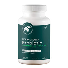 Mountain Meadow Herbs Herbal Flora Probiotics bottle with pour cap supports gut balance.
